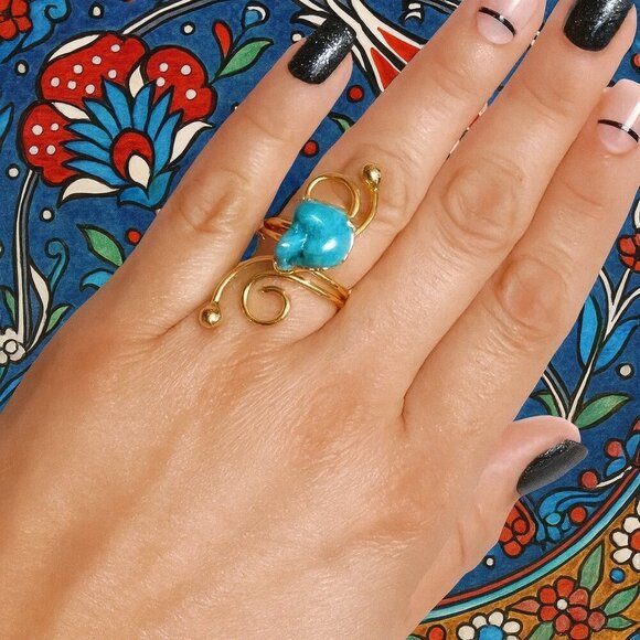 Turkish Artisanal 18K Gold Plated Brass Adjustable Turquoise Cocktail Luxe Ring - Picture 9 of 15